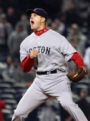 NEW YORK - MAY 04:  Jonathan Papelbon #58 of the Boston Red Sox reacts after getting the final out of the game with the bases loaded against the New York Yankees on May 4, 2009 at Yankee Stadium in the Bronx borough of New York City. The Red Sox defeated 