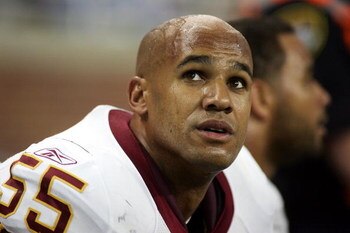 DETROIT - OCTOBER 26:  Jason Taylor #55 of the Washington Redskins looks on during the game against the Detroit Lions on October 26, 2008 at Ford Field in Detroit, Michigan.  (Photo by Domenic Centofanti/Getty Images)