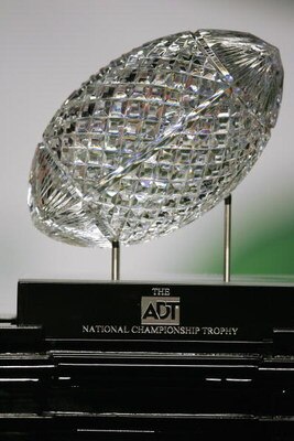 MIAMI - JANUARY 4:  The 2005 FedEx Orange Bowl National Championship trophy awaits USC on January 4, 2005 at Pro Player Stadium in Miami, Florida.  The USC Trojans defeated the Oklahoma Sooners 55-19. (Photo by Jamie Squire/Getty Images)