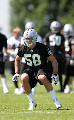 ALAMEDA, CA - MAY 08: Slade Norris #58 of the Oakland Raiders runs drills during the Raiders minicamp at the team's permanent training facility on May 8, 2009 in Alameda, California. (Photo by Ezra Shaw/Getty Images)