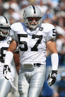 OAKLAND, CA - SEPTEMBER 28: Ricky Brown #57 of the Oakland Raiders looks on during the game against the San Diego Chargers on September 28, 2008 at Oakland Coliseum in Oakland, California. (Photo by Jed Jacobsohn/Getty Images)