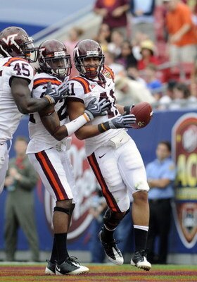TAMPA, FL - DECEMBER 6: Linebacker Cam Martin #41 of the Virginia Tech Hokies recovers a fumble in the end zone against the Boston College Eagles in the 2008 ACC Football Championship game at Raymond James Stadium on December 6, 2008 in Tampa, Florida.  (