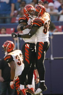 EAST RUTHERFORD, NJ - SEPTEMBER 21:  T.J. Houshmandzadeh #84 of the Cincinnati Bengals is congratulated by teammate Chad Johnson #85 after he scored a touchdown against the New York Giants on September 21, 2008 at Giants Stadium in East Rutherford, New Je