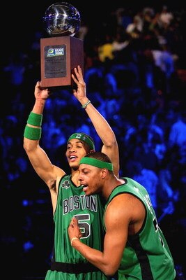 LAS VEGAS - FEBRUARY 17: Gerald Green celebrates with teammate Paul Pierce of the Boston Celtics after Green won the Sprite Slam Dunk Competition during NBA All-Star Weekend on February 17, 2007 at Thomas & Mack Center in Las Vegas, Nevada.  NOTE TO USER: