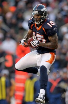 DENVER - DECEMBER 21:  Wide receiver Brandon Marshall #15 of the Denver Broncos makes a 24 yard reception before fumbling the ball to the Buffalo Bills in the third quarter during NFL action at Invesco Field at Mile High on December 21, 2008 in Denver, Co