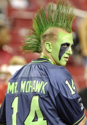 TAMPA, FL - OCTOBER 19: A fan of the Seattle Seahawks, named Mr. Mohawk, watches warmups against the Tampa Bay Buccaneers at Raymond James Stadium on October 19, 2008 in Tampa, Florida. (Photo by Al Messerschmidt/Getty Images)