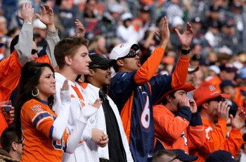 DENVER - NOVEMBER 23:  Fans of the Denver Broncos support their team against the Oakland Raiders during week 12 NFL action at Invesco Field at Mile High on November 23, 2008 in Denver, Colorado. The Raiders defeated the Broncos 31-10.  (Photo by Doug Pens