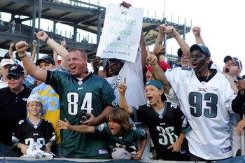 PHILADELPHIA - SEPTEMBER 23:  Fans of the Philadelphia Eagles celebrate after their team defeated the Detroit Lions on September 23, 2007 at Lincoln Financial Field in Philadelphia, Pennsylvania.  The Eagles defeated the Lions 56 to 21.  (Photo by Jim McI