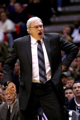 EAST RUTHERFORD, NJ - MARCH 27: Head coach Phil Jackson of the Los Angeles Lakers screams instructions against the New Jersey Nets during their game on March 27, 2009 at the Izod Center in East Rutherford, New Jersey. NOTE TO USER: User expressly acknowle