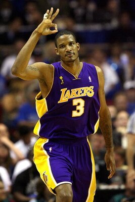 ORLANDO, FL - JUNE 14:  Trevor Airza #3 of the Los Angeles Lakers celebrates a three-point shot in the first half against the Orlando Magic in Game Five of the 2009 NBA Finals on June 14, 2009 at Amway Arena in Orlando, Florida.  NOTE TO USER:  User expre