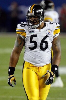 TAMPA, FL - FEBRUARY 01:  Linebacker LaMarr Woodley #56 of the Pittsburgh Steelers looks on against the Arizona Cardinals during Super Bowl XLIII on February 1, 2009 at Raymond James Stadium in Tampa, Florida.  (Photo by Kevin C. Cox/Getty Images)