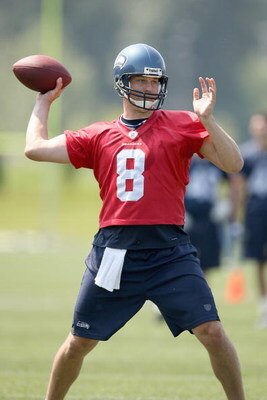 RENTON, WA - JUNE 12:  Quarterback Matt Hasselbeck #8 passes the ball during minicamp at the Seahawks training facility on June 12, 2009 in Renton, Washington. (Photo by Otto Greule Jr/Getty Images)  