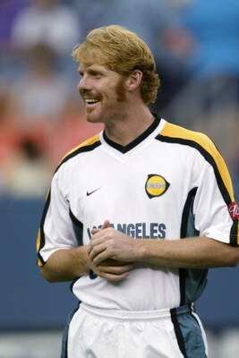DENVER - JULY 13:  Defender Alexi Lalas #30 of the Los Angeles Galaxy looks on prior to the start of the game against the Colorado Rapids during the MLS match on July 13, 2002 at Mile High Stadium in Denver . The Galaxy defeat the Rapids 3-1.  (Photo by B
