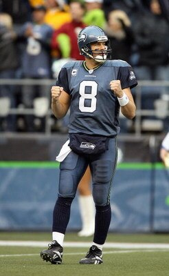 SEATTLE - OCTOBER 21: Quarterback Matt Hasselbeck #8 of the Seattle Seahawks celebrates on the field during the game against the St. Louis Rams at Qwest Field on October 21, 2007 in Seattle, Washington. (Photo by Otto Greule Jr/Getty Images)