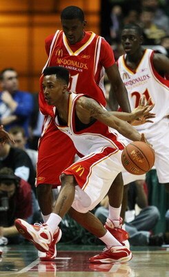 MILWAUKEE - MARCH 26: Brandon Jennings #3 of the West team moves around Chris Singleton #31 of the East team during the McDonald's All-American High School basketball game on March 26, 2008 at the Bradley Center in Milwaukee, Wisconsin. (Photo by Jonathan