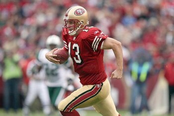 SAN FRANCISCO - DECEMBER 07:  Quarterback Shaun Hill #13 of the San Francisco 49ers runs the ball against the New York Jets during an NFL game on December 7, 2008 at Candlestick Park in San Francisco, California. (Photo by Jed Jacobsohn/Getty Images)