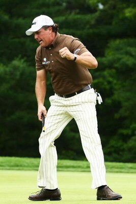 FARMINGDALE, NY - JUNE 22:  Phil Mickelson celebrates his eagle putt on the 13th green during the continuation of the final round of the 109th U.S. Open on the Black Course at Bethpage State Park on June 22, 2009 in Farmingdale, New York.  (Photo by Chris