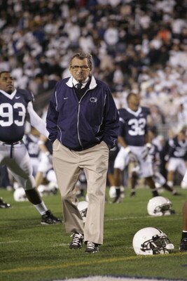 UNIVERSITY PARK, PA - OCTOBER 27: Head Coach Joe Paterno of the Penn State Nittany Lions walks among his players during warmups before the game against the Ohio State Buckeyes at Beaver Stadium on October 27, 2007 in University Park, Pennsylvania. Ohio St