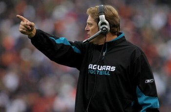 DENVER - OCTOBER 12:  Head coach Jack Del Rio of the Jacksonville Jaguars directs his team against the Denver Broncos during NFL action at Invesco Field at Mile High on October 12, 2008 in Denver, Colorado. The Jaguars defeated the Broncos 24-17.  (Photo 