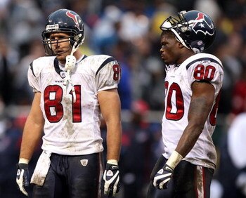 OAKLAND, CA - DECEMBER 21:  Owen Daniels #81 and Andre Johnson #80 of the Houston Texans look on against the Oakland Raiders during an NFL game on December 21, 2008 at the Oakland-Alameda County Coliseum in Oakland, California.  (Photo by Jed Jacobsohn/Ge