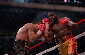 10 Sep 1993:  Boxer Azumah Nelson Throws a punch at Jesse James Leija during the match in San Antonio, Texas.   Mandatory Credit: Holly Stein/ALLSPORT
