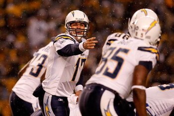 PITTSBURGH - JANUARY 11:  Philip Rivers #17 of the San Diego Chargers directs his teammates at the line of scrimmage against the Pittsburgh Steelers during their AFC Divisional Playoff Game on January 11, 2009 at Heinz Field in Pittsburgh, Pennsylvania.  