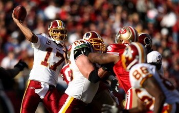 SAN FRANCISCO - DECEMBER 28:  Quarterback Jason Campbell #17 of the Washington Redskins throws a pass against the San Francisco 49ers at Candlestick Park on December 28, 2008 in San Francisco, California  (Photo by Jonathan Ferrey/Getty Images)