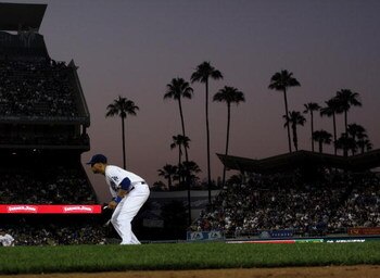 LOS ANGELES - JUNE 18:  First baseman James Loney of the Los Angeles Dodgers sets for a pitch against the Oakland Athletics on June 18, 2009 at Dodger Stadium in Los Angeles, California. The Dodgers won 3-2.  (Photo by Stephen Dunn/Getty Images)