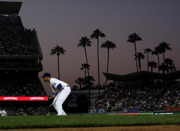 LOS ANGELES - JUNE 18:  First baseman James Loney of the Los Angeles Dodgers sets for a pitch against the Oakland Athletics on June 18, 2009 at Dodger Stadium in Los Angeles, California. The Dodgers won 3-2.  (Photo by Stephen Dunn/Getty Images)