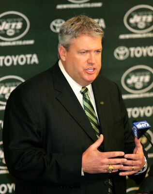 FLORHAM PARK, NJ - JANUARY 21: Rex Ryan addresses the media during a press conference after being named the new Head Coach of the New York Jets at the Atlantic Health Jets Training Center on January 21, 2009 in Florham Park, New Jersey.  (Photo by Andy Ma