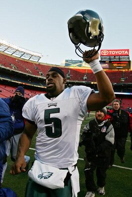 EAST RUTHERFORD, NJ - JANUARY 11:  Donovan McNabb #5 of the Philadelphia Eagles walks off of the field after defeating the New York Giants during the NFC Divisional Playoff Game on January 11, 2009 at Giants Stadium in East Rutherford, New Jersey.  (Photo