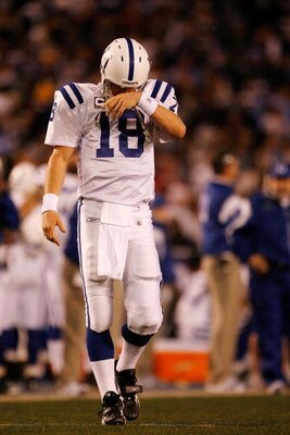 SAN DIEGO - JANUARY 03:  Quarterback Peyton Manning #18 of the Indianapolis Colts walks off the field during the AFC Wild Card Game against the San Diego Chargers on January 3, 2009 at Qualcomm Stadium in San Diego, California.  (Photo by Harry How/Getty 