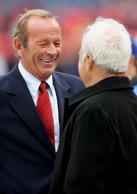 DENVER - OCTOBER 30:  Denver Broncos owner Pat Bowlen (L) and Philadelphia Eagles owner Jeffrey Lurie chat on the sidelines prior to the game between their clubs on October 30, 2005 at Invesco Field at Mile High in Denver, Colorado.  (Photo by Doug Pensin