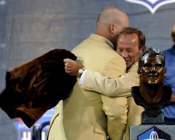 CANTON, OH - AUGUST 2:  Gary Zimmerman(L) formerly of the Minnesota Vikings and Denver Broncos hugs Broncos owner Pat Bowlen during the Class of 2008 Pro Football Hall of Fame Enshrinement Ceremony at Fawcett Stadium on August 2, 2008 in Canton, Ohio.   (
