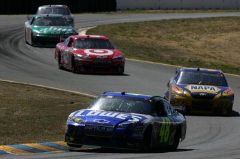 SONOMA, CA - JUNE 21: Jimmie Johnson, driver of the #48 Lowe's Chevrolet, leads the field during the NASCAR Sprint Cup Series Toyota/Save Mart 350 at the Infineon Raceway on June 21, 2009 in Sonoma, California.  (Photo by Todd Warshaw/Getty Images)