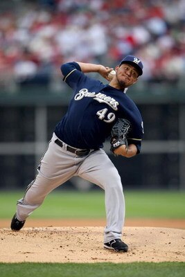PHILADELPHIA - OCTOBER 1:  Yovani Gallardo #49 of the Milwaukee Brewers pitches during Game 1 of the NLDS Playoffs against the Philadelphia Phillies at Citizens Bank Ballpark on October 1, 2008 in Philadelphia, Pennsylvania. The Phillies defeated the Brew