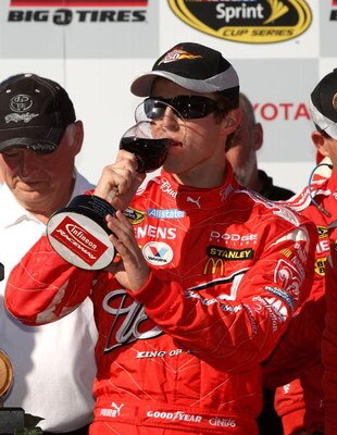 SONOMA, CA - JUNE 21: Kasey Kahne, driver of the #9 Budweiser Dodge, celebrates in victory lane after winning the NASCAR Sprint Cup Series Toyota/Save Mart 350 at the Infineon Raceway on June 21, 2009 in Sonoma, California.  (Photo by Ezra Shaw/Getty Imag