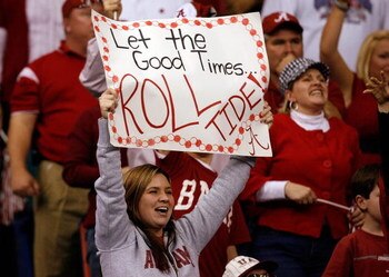 NEW ORLEANS - JANUARY 02:  An Alabama Crimson Tide fan cheers on her team in the second quarter against the Utah Utes during the 75th Allstate Sugar Bowl at the Louisiana Superdome on January 2, 2009 in New Orleans, Louisiana.  (Photo by Kevin C. Cox/Gett