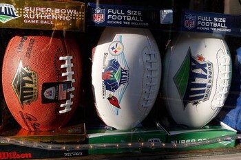 TAMPA, FL - JANUARY 30:  Footballs with Super Bowl XLIII logos sit in a window at a store on January 30, 2009 in Tampa, Florida. NFL Fans from across the country are descending on Tampa ahead of Super Bowl XLIII between the Arizona Cardinals and the Pitts