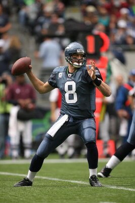 SEATTLE - SEPTEMBER 21:  Matt Hasselbeck #8 of the Seattle Seahawks passes during the game against the St. Louis Rams on September 21, 2008 at Qwest Field in Seattle, Washington. (Photo by Otto Greule Jr/Getty Images) 