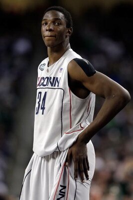 DETROIT - APRIL 04:  Hasheem Thabeet #34 of the Connecticut Huskies looks on while taking on the Michigan State Spartans during the National Semifinal game of the NCAA Division I Men's Basketball Championship at Ford Field on April 4, 2009 in Detroit, Mic