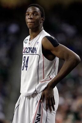 DETROIT - APRIL 04: Hasheem Thabeet #34 of the Connecticut Huskies looks on while taking on the Michigan State Spartans during the National Semifinal game of the NCAA Division I Men's Basketball Championship at Ford Field on April 4, 2009 in Detroit, Mic