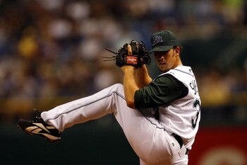 ST. PETERSBURG, FL - APRIL 6:  Pitcher James Shields #33 of the Tampa Bay Devil Rays delivers a pitch against the Toronto Blue Jays on April 6, 2007 at Tropicana Field in St. Petersburg, Florida. (Photo by Eliot J. Schechter/Getty Images)