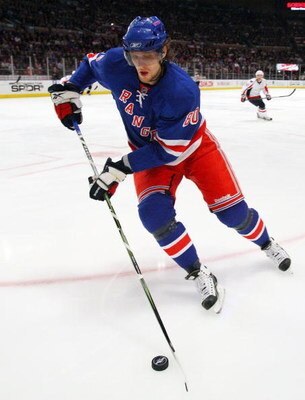 NEW YORK - APRIL 22:  Nik Antropov #80 of the New York Rangers skates against the Washington Capitals during Game Four of the Eastern Conference Quarterfinal Round of the 2009 NHL Stanley Cup Playoffs on April 22, 2008 at Madison Square Garden in New York