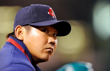 ANAHEIM, CA - APRIL 10: Pitcher Daisuke Matsuzaka of the Boston Red Sox follows the action against the Los Angeles Angels during the eight inning at Angel Stadium April 10, 2009 in Anaheim, California. Angels won, 6-3.  (Photo by Kevork Djansezian/Getty I