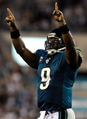 JACKSONVILLE, FL - DECEMBER 18:  David Garrard #9 of the Jacksonville Jaguars celebrates a touchdown during the game against the Indianapolis Colts at Jacksonville Municipal Stadium on December 18, 2008 in Jacksonville, Florida.  (Photo by Sam Greenwood/G