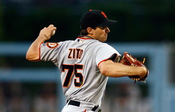LOS ANGELES, CA - MAY 08:  Barry Zito #75 of the San Francisco Giants throws a pitch against the Los Angeles Dodgers at Dodger Stadium on May 8, 2009 in Los Angeles, California.  (Photo by Jeff Gross/Getty Images)