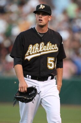 OAKLAND, CA - JUNE 23:  Vin Mazzaro #54 of the Oakland Athletics looks on against the San Francisco Giants during a Major League Baseball game on June 23, 2009 at the Oakland Coliseum in Oakland, California.  (Photo by Jed Jacobsohn/Getty Images)