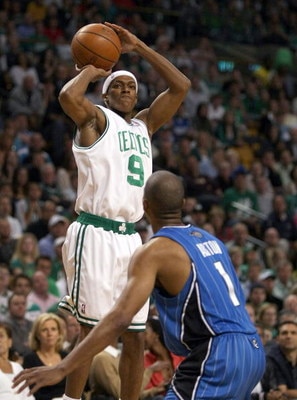 BOSTON - MAY 17:  Rajon Rondo #9 of the Boston Celtics takes a shot as Rafer Alston #9 of the Orlando Magic defends in Game Seven of the Eastern Conference Semifinals during the 2009 NBA Playoffs at TD Banknorth Garden on May 17, 2009 in Boston, Massachus