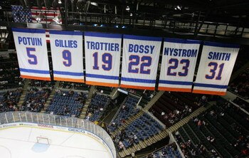 UNIONDALE, NY - JANUARY 29:  The New York Islanders  banners honoring the retired jerseys of Denis Potvin, Clark Gillies, Bryan Trottier, Mike Bossy, Bob Nystrom and Bill Smith are shown during the game against the Ottawa Senators on January 29, 2008 at N